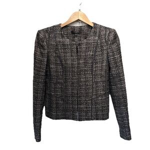 Ann Taylor Gray Tweed Wool Blend Womens Jacket Size 0 Career Blazer Fabric Trim